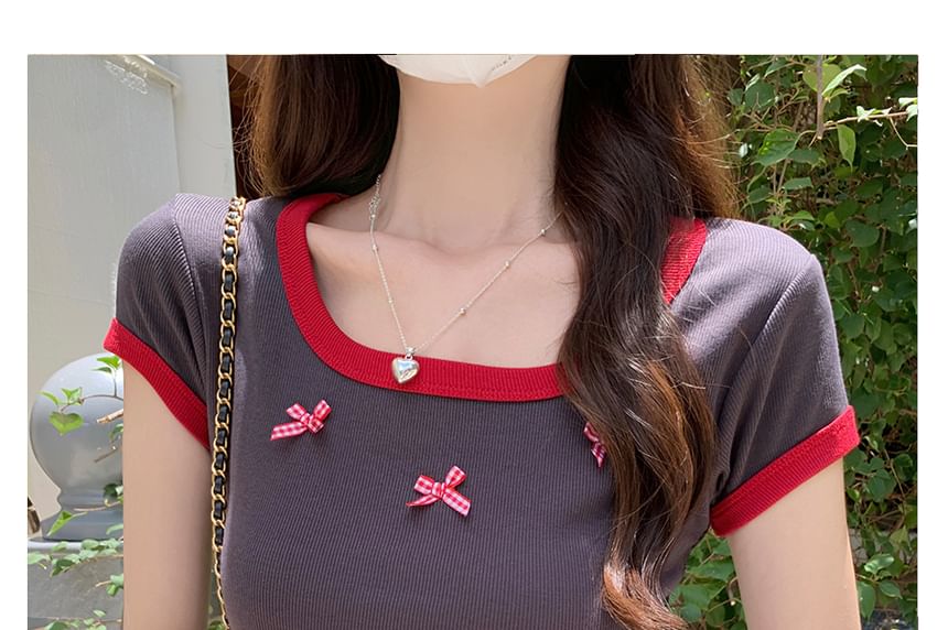 Bow T-Shirt Scoop Trim Crop Accent Contrast Neck Short-Sleeve