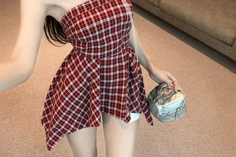 Tube Ruched Top Asymmetrical Plaid