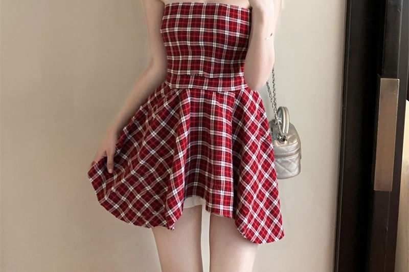 Tube Ruched Top Asymmetrical Plaid