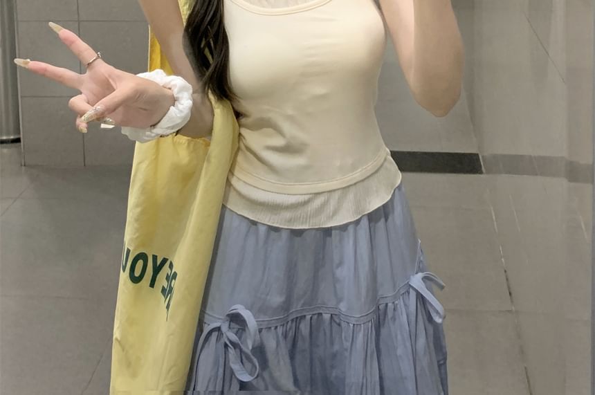 Neck Tone Edge Top Lettuce Two Mock Crop Two-Piece Camisole Scoop