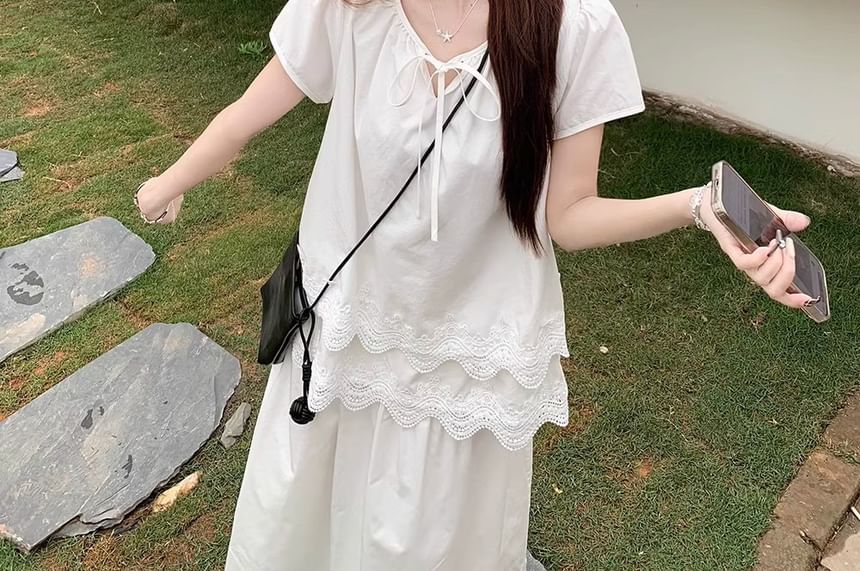 Tie Short-Sleeve Blouse Lace Panel Plain Notch Layered Neck Front