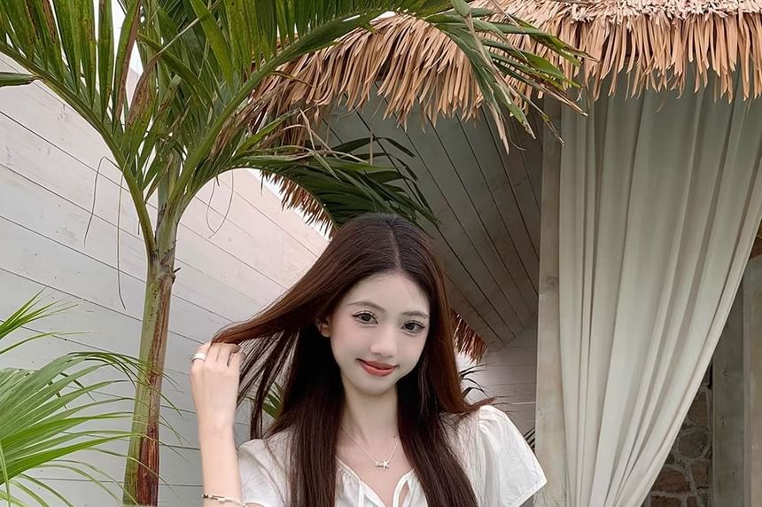 Tie Short-Sleeve Blouse Lace Panel Plain Notch Layered Neck Front