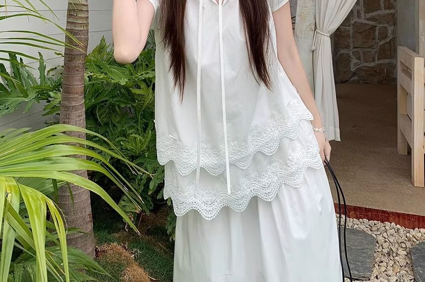Tie Short-Sleeve Blouse Lace Panel Plain Notch Layered Neck Front