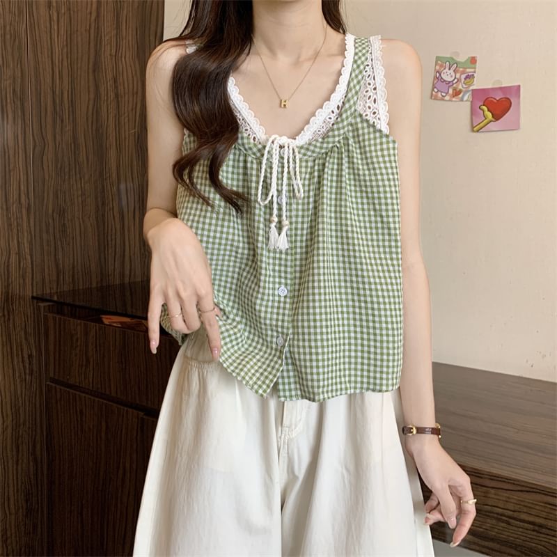 Two-Piece V-Neck Top Lace Mock Button-Up Crop Panel Gingham Tank