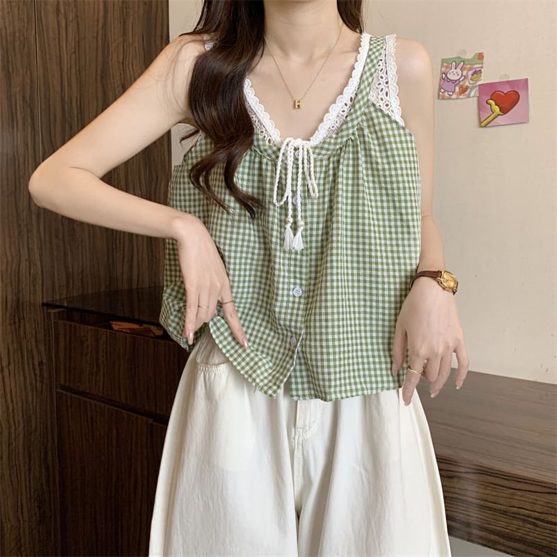 Two-Piece V-Neck Top Lace Mock Button-Up Crop Panel Gingham Tank