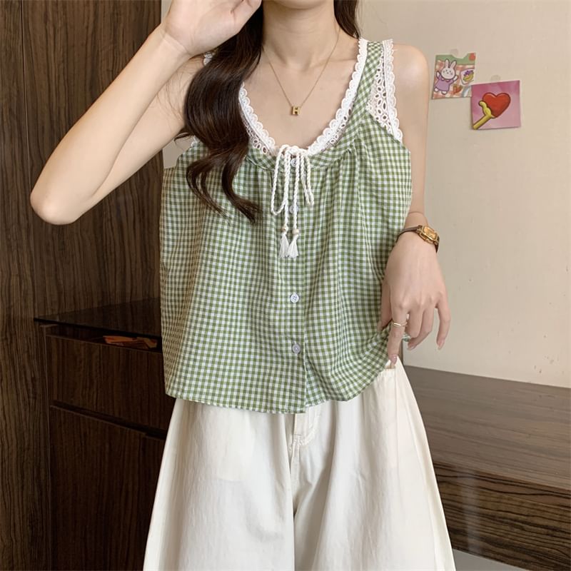 Two-Piece V-Neck Top Lace Mock Button-Up Crop Panel Gingham Tank