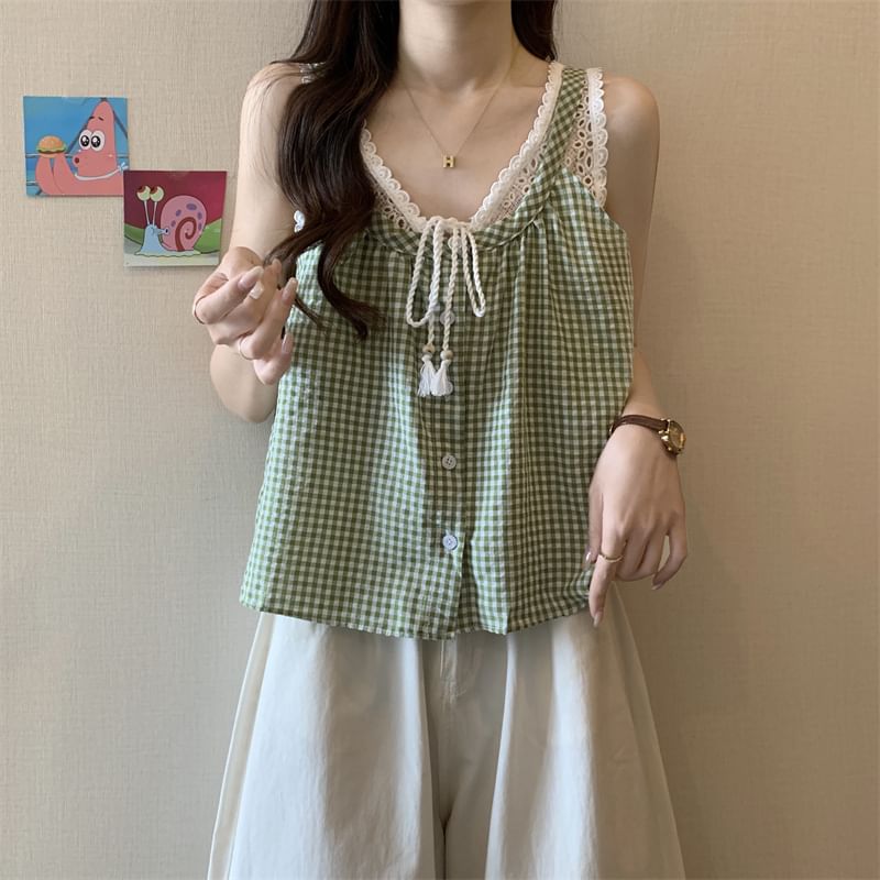Two-Piece V-Neck Top Lace Mock Button-Up Crop Panel Gingham Tank