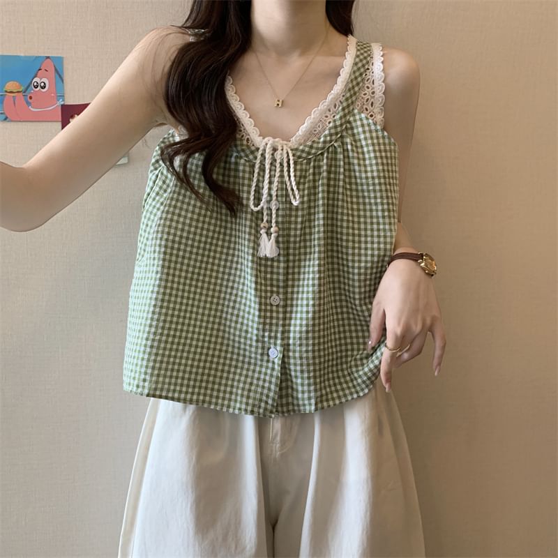Two-Piece V-Neck Top Lace Mock Button-Up Crop Panel Gingham Tank