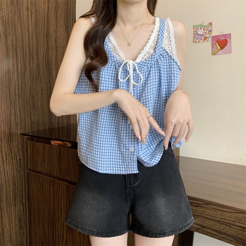 Two-Piece V-Neck Top Lace Mock Button-Up Crop Panel Gingham Tank
