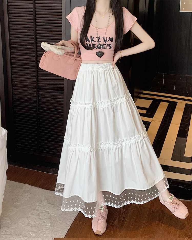Waist Skirt High Midi Panel A-Line Frill Trim Lace