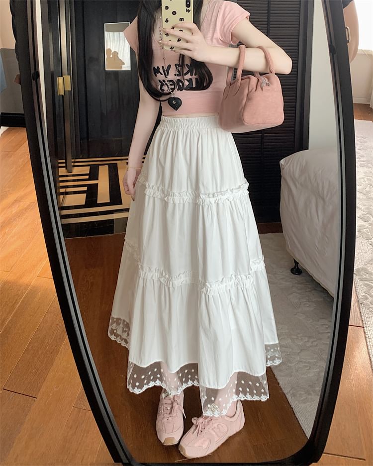 Waist Skirt High Midi Panel A-Line Frill Trim Lace