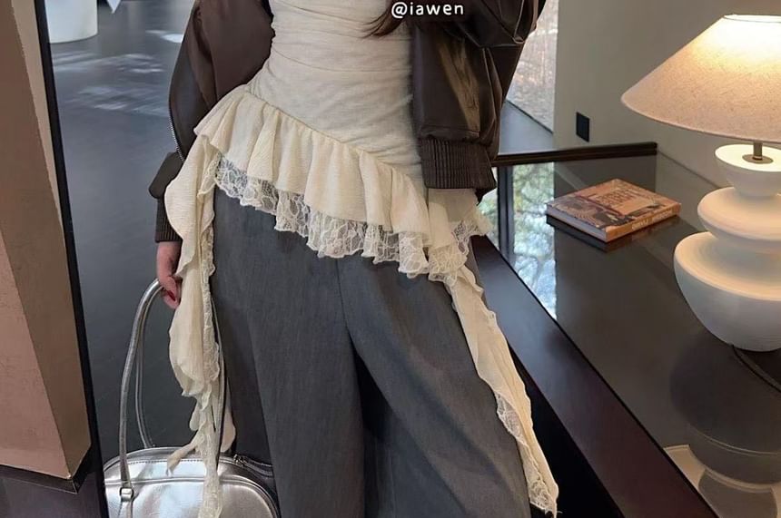 Neck Cowl Lace Asymmetrical Hem Top Camisole Ruffle Panel