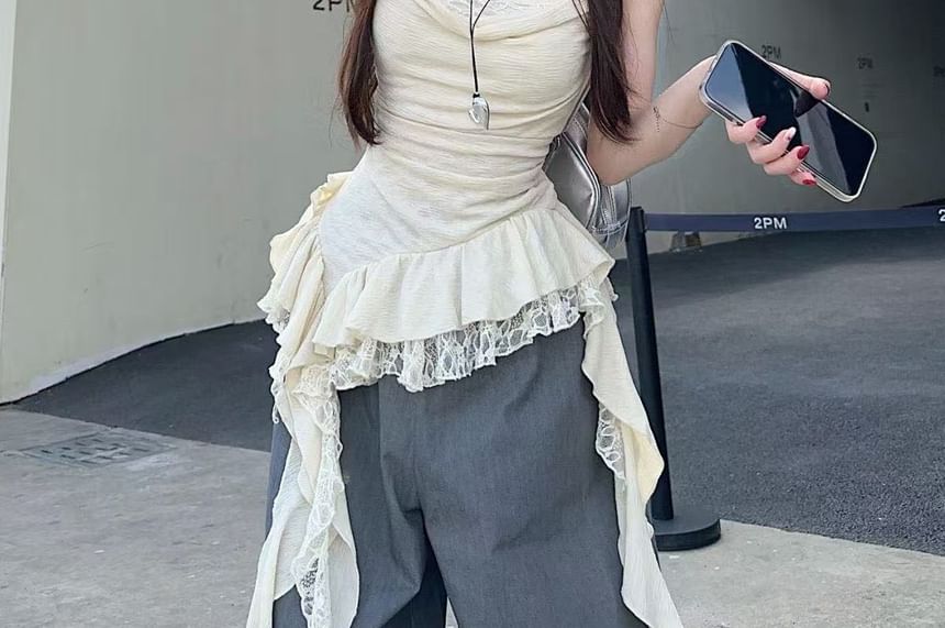 Neck Cowl Lace Asymmetrical Hem Top Camisole Ruffle Panel