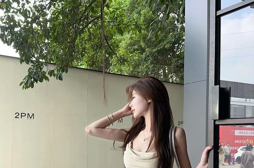 Neck Cowl Lace Asymmetrical Hem Top Camisole Ruffle Panel