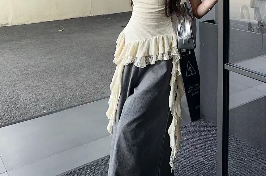 Neck Cowl Lace Asymmetrical Hem Top Camisole Ruffle Panel