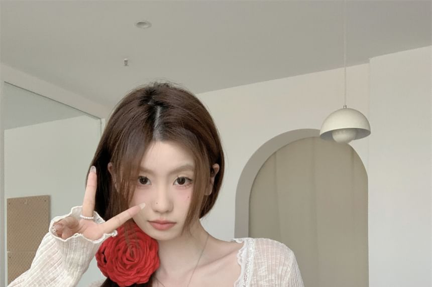 Crop Sheer One-Buttoned V-Neck Lace Cardigan Plain Trim