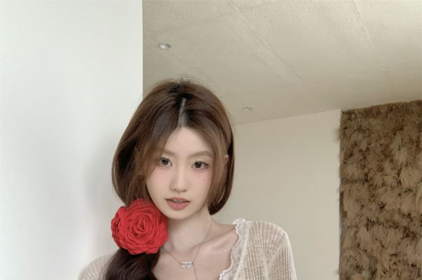 Crop Sheer One-Buttoned V-Neck Lace Cardigan Plain Trim