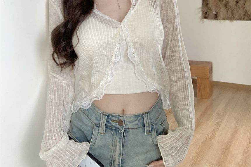 Crop Sheer One-Buttoned V-Neck Lace Cardigan Plain Trim