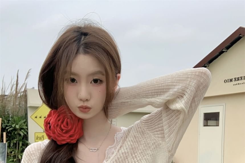 Crop Sheer One-Buttoned V-Neck Lace Cardigan Plain Trim