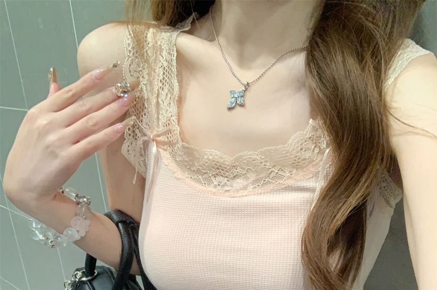 Tank Lace Top Scoop Neck Accent Panel Bow Fit Slim Crop