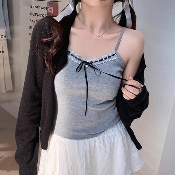 Plain Crop V-Neck Accent Top Trim Bow Cami Lace