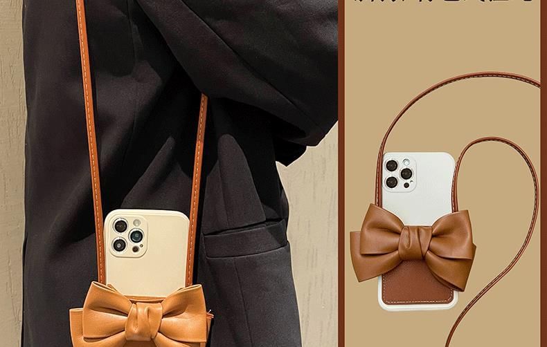 Faux Lanyard Phone Card Case with Holder Leather Bow
