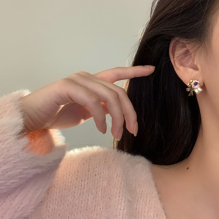 Earring Asymmetrical Alloy Floral Enamel