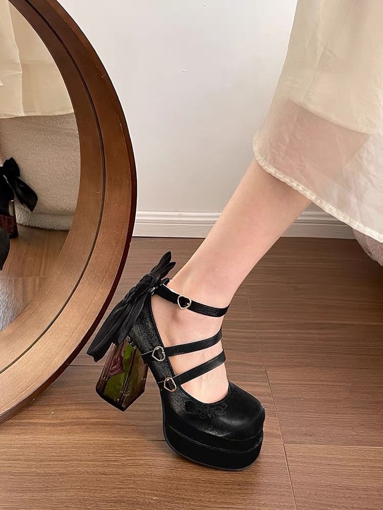 Mary Block Jane Floral Platform Bow Heel Pumps