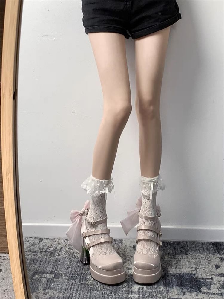 Mary Block Jane Floral Platform Bow Heel Pumps