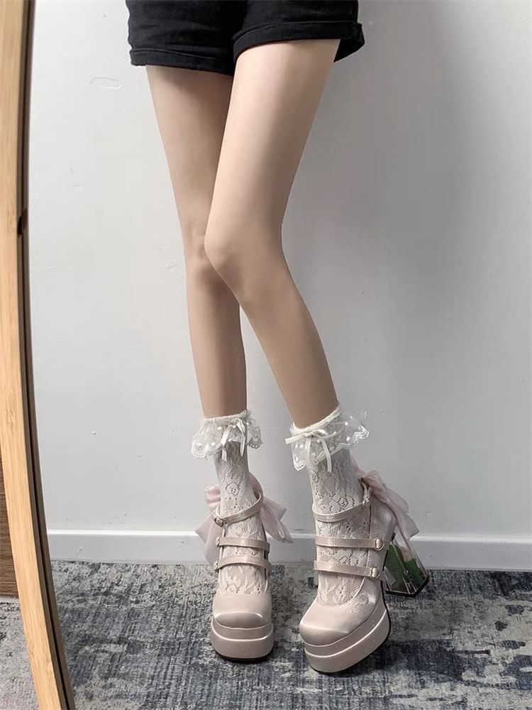 Mary Block Jane Floral Platform Bow Heel Pumps