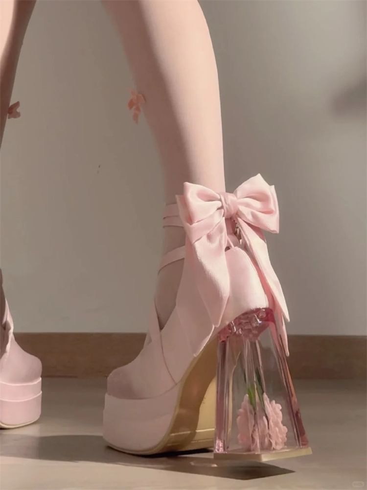 Mary Block Jane Floral Platform Bow Heel Pumps