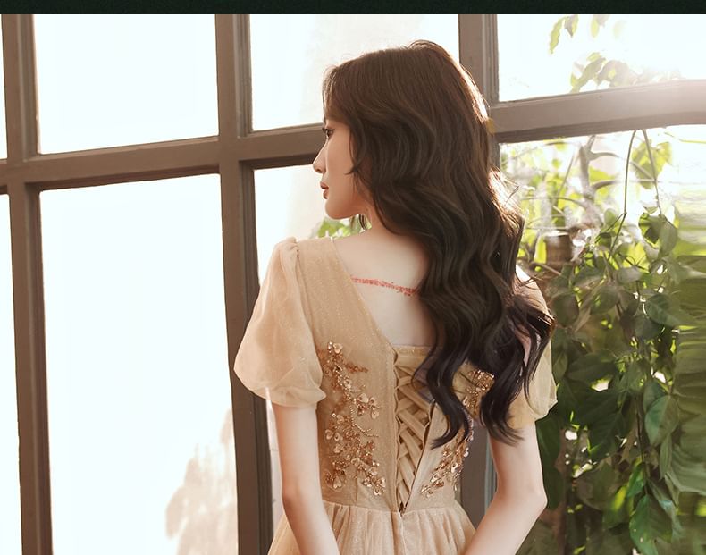 Short-Sleeve Sequin Mesh A-Line Evening Gown / Midi Dress