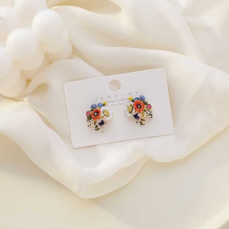 Earring Asymmetrical Alloy Floral Enamel