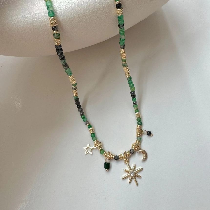 Bead Gemstone Station Faux Fringed Choker Star / Alloy Moon Pendant Disc