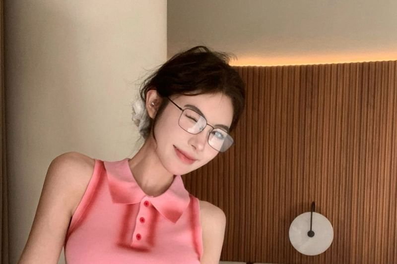 Crop Tank Trim Contrast Henley Top Collar Slim Fit