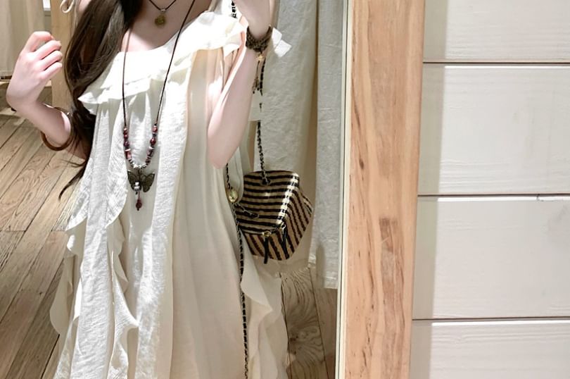 Midi Plain Sleeveless Dress Asymmetrical Ruffle Trim A-Line