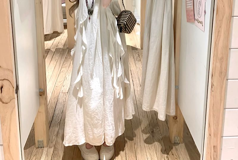 Midi Plain Sleeveless Dress Asymmetrical Ruffle Trim A-Line