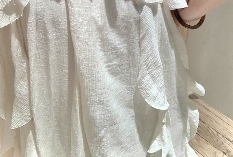 Midi Plain Sleeveless Dress Asymmetrical Ruffle Trim A-Line