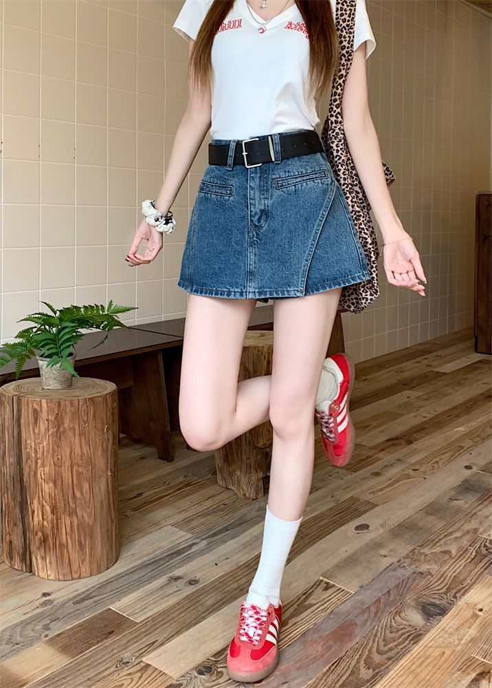 Asymmetrical High Skort Belt Denim + Set: Waist