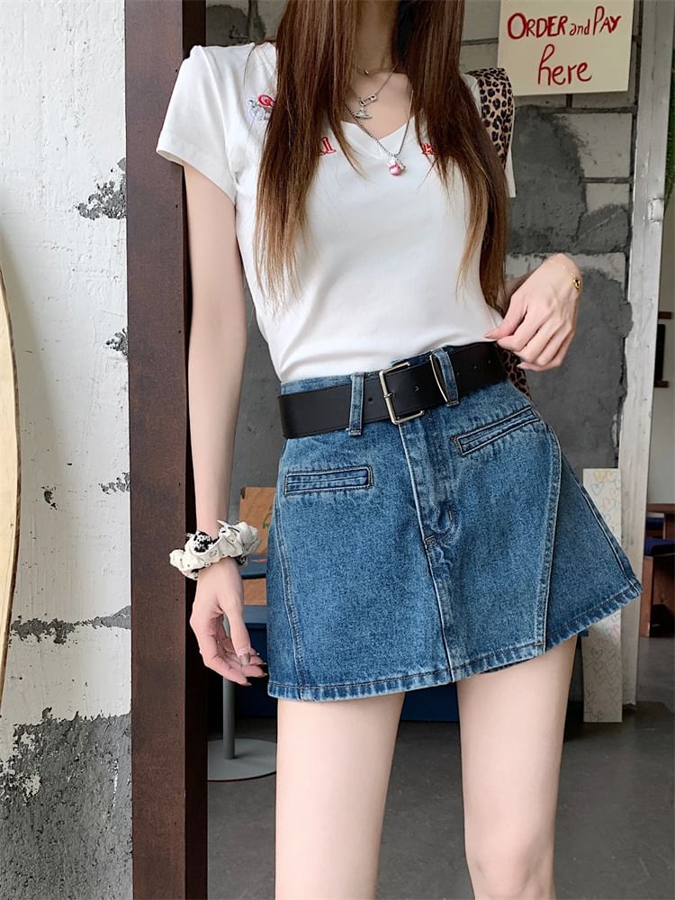 Asymmetrical High Skort Belt Denim + Set: Waist