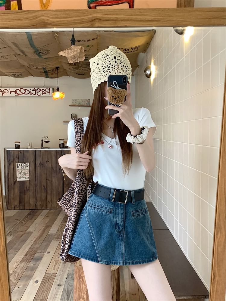 Asymmetrical High Skort Belt Denim + Set: Waist