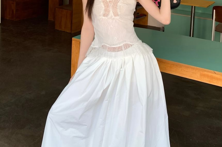 Slim High Rise Tank Panel Skirt Top Plain A-Line / Lace Fit Maxi