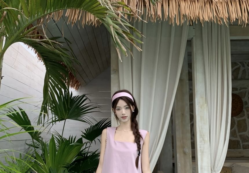 Sleeveless Midi Asymmetrical Square Paneled Dress A-Line Neck