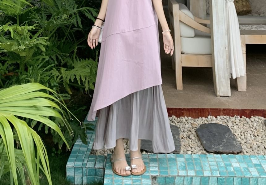 Sleeveless Midi Asymmetrical Square Paneled Dress A-Line Neck