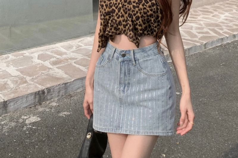 High Pencil Mini Rhinestone Striped Skirt Rise Denim