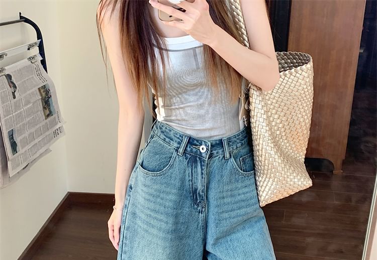 Rise Capri Washed Leg Wide High Jeans