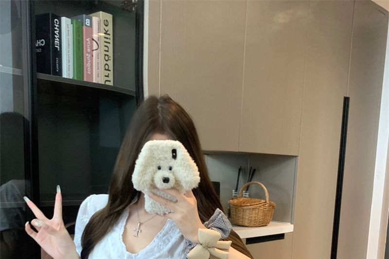 Ruffle Jacquard / V-Neck Short-Sleeve Slim Fit A-Line Mini Skirt Blouse Rise High Trim