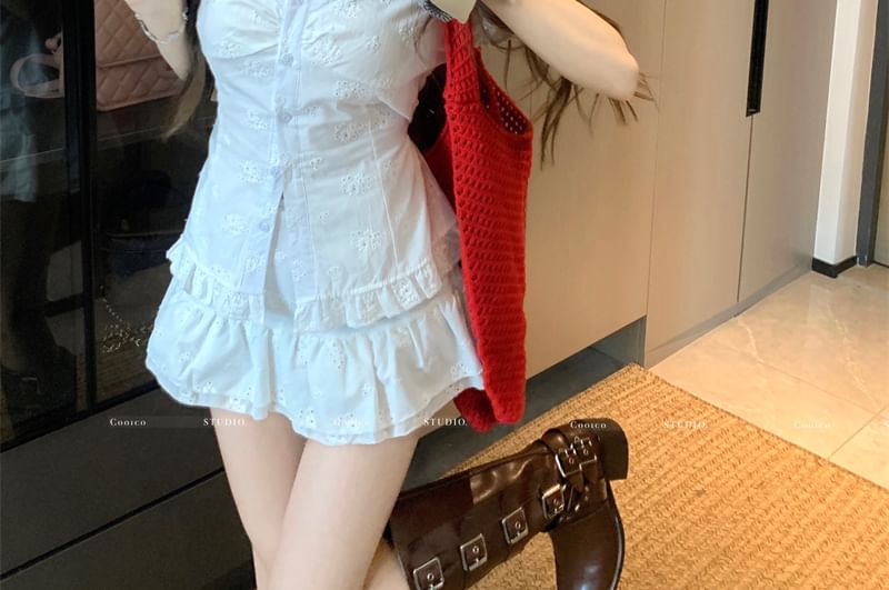 Ruffle Jacquard / V-Neck Short-Sleeve Slim Fit A-Line Mini Skirt Blouse Rise High Trim