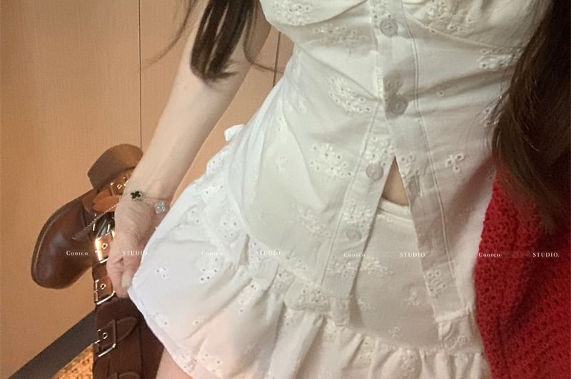 Ruffle Jacquard / V-Neck Short-Sleeve Slim Fit A-Line Mini Skirt Blouse Rise High Trim