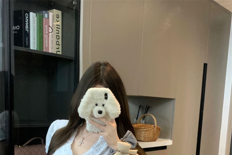 Ruffle Jacquard / V-Neck Short-Sleeve Slim Fit A-Line Mini Skirt Blouse Rise High Trim